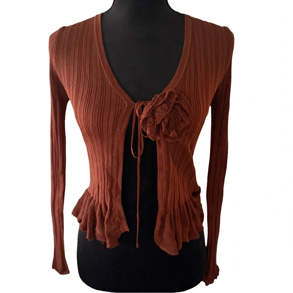 ZARA Ribbed Tie-Front Cardigan Top with Rosette Detail – Brown‎